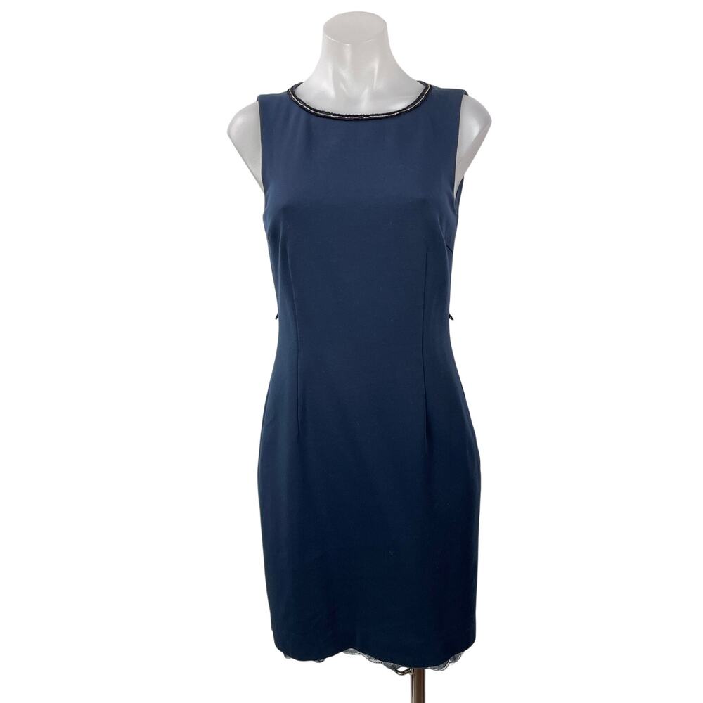 Trina Turk Blue Sleeveless Beaded Embellished Neck Line Mini Sheath Dress Size S